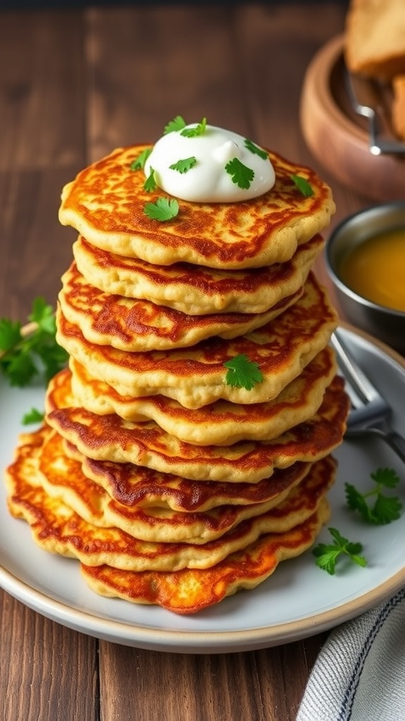 Stack of crispy potato pancakes with sour cream and applesauce on a rustic table.